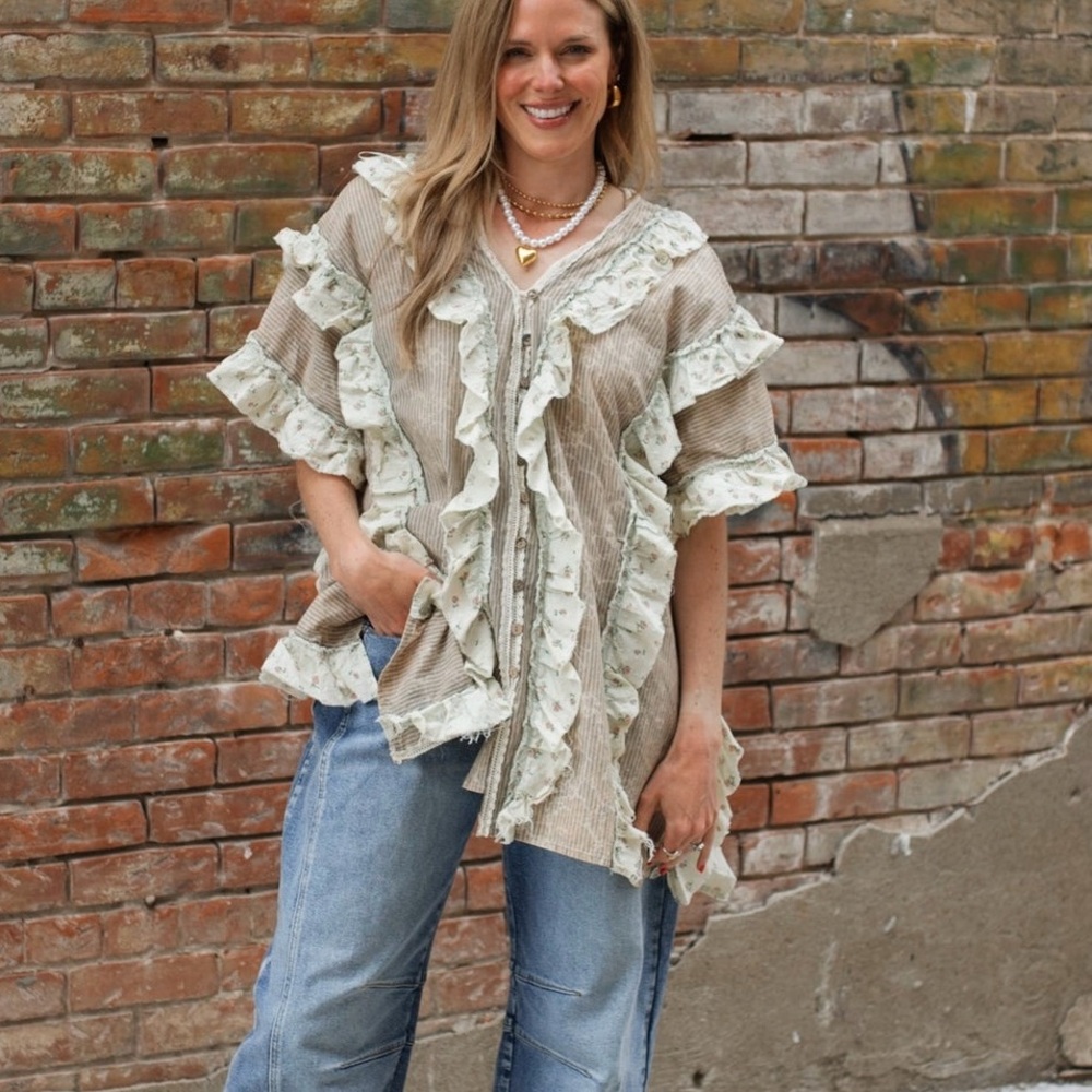 Oli & Hali Ruffle Trim Button Down Stripe & Floral Top